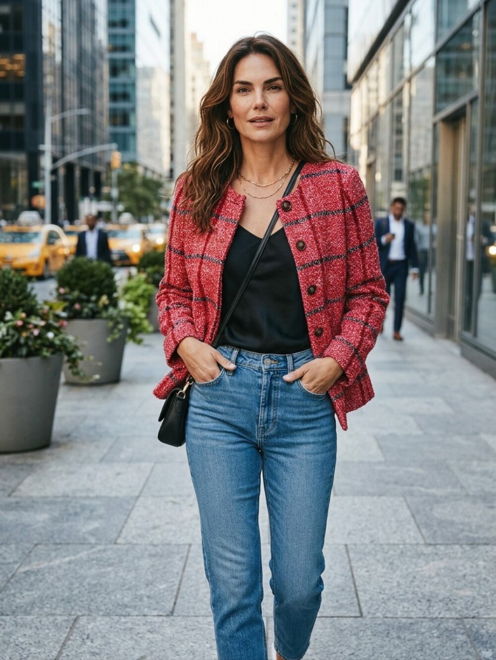 Talbots Red Black Plaid Tweed Collarless Blazer